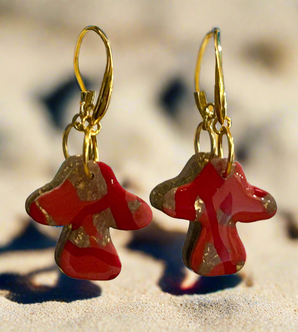 Pink/Dark Pink Mushroom earrings with gold accents