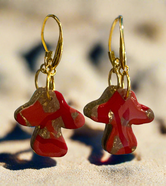 Pink/Dark Pink Mushroom earrings with gold accents