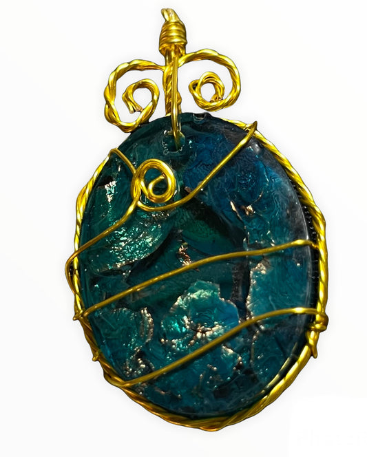 Resin Pendant - Gold Tone with Green/Blue  Gold Foil