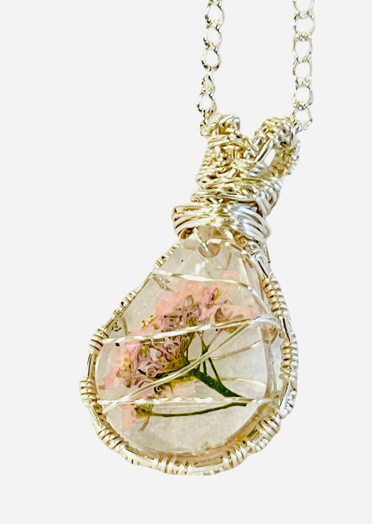 Pink Flowers with Silver Tone Pendant